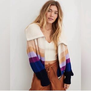 Aerie Double Zip Up Striped Cropped Cardigan Sweater Size XXS